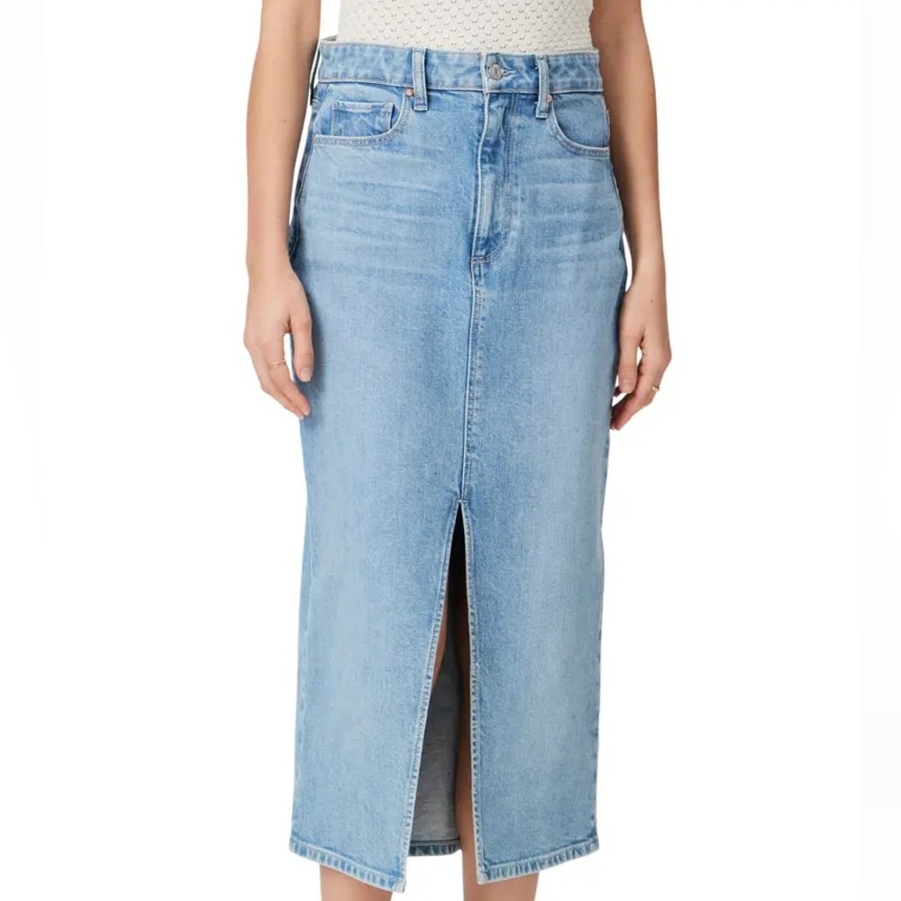 PAIGE High Waisted Denim Midi Jean Skirt Classic Blue Wash with Front Slit 32"